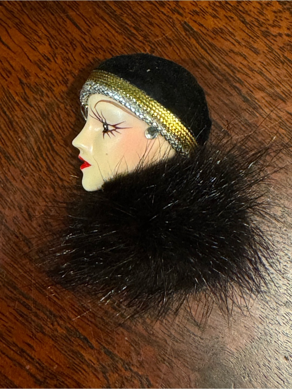 Vintage 1920’s Flapper Porcelain and Mink Fur Cameo Brooch or Pin.